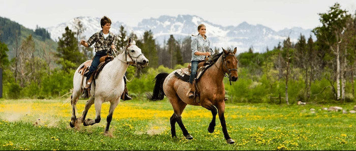 Confident plus-size woman riding Huntingdon a horse through a field with a smile on her face.